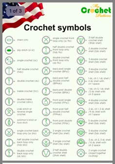 the symbols for crochet symbols are shown in green and white, with an american flag