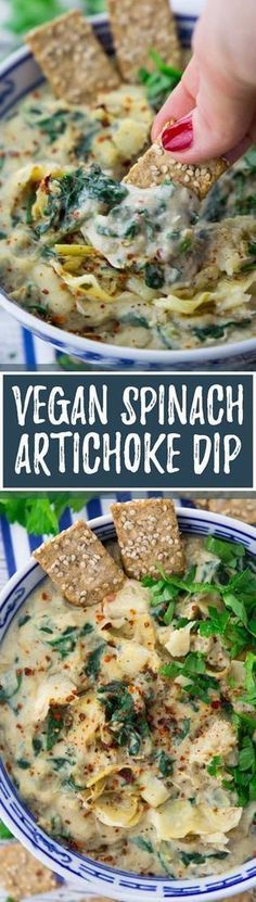 two bowls filled with vegan spinach artichoke dip and tortilla chips