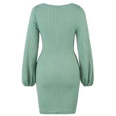 Blueish-green Tie Waist Knit Long Sleeve Dress Spring Knit Sweater Dress In Solid Color, Green Casual Solid Color Bodycon Dress, Casual Green Solid Color Bodycon Dress, Casual Green Long Sleeve Bodycon Dress, Green Ribbed Bodycon Dress For Fall, Chic Green V-neck Sweater Dress, Casual Green Ribbed Sweater Dress, Green Stretch Knee-length Sweater Dress, Green Stretch Sweater Dress Knee-length