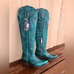 Brand New With Tags, Never Worn But To Try On. Valeria’s Boutique Turquoise Tall Western Boot They Were Too Tall For My Liking And The Company Does Not Accept Returns. 2” Heel With 20” Shaft 100% Leather Made In Mexico. Beautiful Boots!! Size 6 Turquoise Cowboy Boots Wedding, Something Blue Cowboy Boots, Western Clothing For Women, Western Women Boots, Turquoise Cowgirl Boots, Rodeo Ideas, Hoco Shoes, Cow Boy Boots, Womens Western Boots