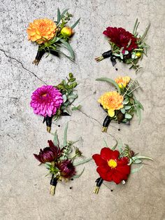 six different colored flowers are arranged on the cement floor in order to look like they have been placed together