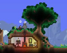 an old - school video game with a tree and some buildings