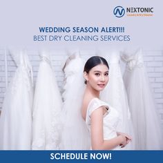 a woman standing in front of wedding gowns with the words wedding season alert best dry cleaning services schedule now