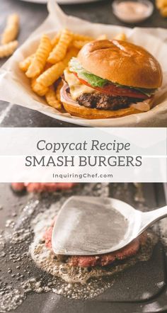 a hamburger and french fries on a plate with the words copycat recipe smash burgers