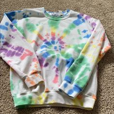 Spiral Rainbow Tie Dye Pattern Size Small Perfect Condition Never Worn Trendy Multicolor Relaxed Fit Sweatshirt, Tie Dye Crew Neck Sweatshirt For Spring, Trendy Multicolor Sweatshirt For Spring, Casual Tie Dye Sweatshirt For Spring, Casual Pastel Relaxed Fit Tops, Casual Multicolor Sweatshirt, Pink Crew Neck Top With Rainbow Print, Casual Rainbow Crew Neck Sweatshirt, Tie-dye Printed Crew Neck T-shirt