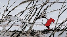 an image of a person walking in the snow with red jacket and skis on