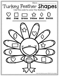 the turkey feather shapes worksheet is shown in black and white, with an image of