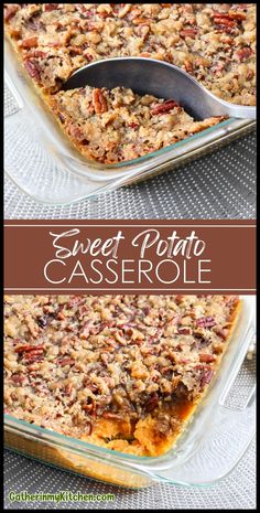 sweet potato casserole with pecans and crumbled toppings in a glass baking dish