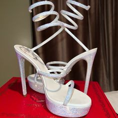 Rene Caovilla Cleo Platform Heels In Ivory Satin Size 39 (Us 8.5 - True To Size). Worn Once Sitting Inside For 30 Mins - Like New Condition. -Satin -Hand-Applied Rhinestones -Serpent Hardware -Stiletto Heel Height 5.1’’ / 130mm -Rounded Toe -Stardust Sole -Made In Italy Rene Caovilla Platform, Caovilla Shoes, Rene Caovilla Shoes, Satin Hands, Rene Caovilla, Stardust, Platform Heels, Stiletto Heel, Stiletto Heels