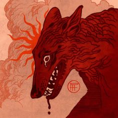 a drawing of a red wolf with flames coming out of it's mouth and eyes