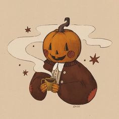 a drawing of a pumpkin holding a knife and coffee in it's hand while wearing a brown jacket