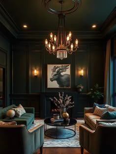 a living room with couches, chairs and a chandelier in the corner