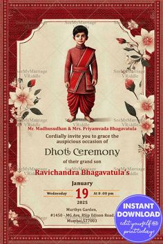 The image is a beautifully designed invitation card for a Dhoti ceremony. The background features a rich red color with intricate gold patterns along the borders, giving the card a luxurious and traditional feel. At the center of the card, there is a depiction of a young boy dressed in traditional attire, wearing a red dhoti and a matching kurta with a sash. 
#DhotiCeremony #TraditionalCeremony #InvitationCard #CulturalCelebration #IndianTradition #ElegantInvite #CeremonyInvitation #FamilyEvent #RichHeritage #CeremonyCelebration #TraditionalAttire #IndianCulture #LuxuryInvitation #CulturalHeritage #SpecialOccasion #GrandCelebration #FamilyGathering #TraditionalFestivity Luxury Invitation, Boy Character, Family Event