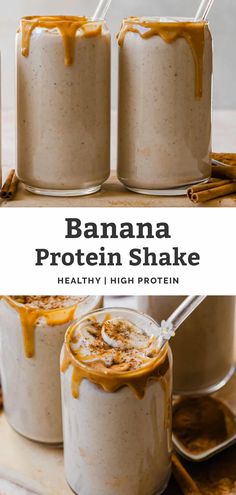 two glasses of banana protein shake with text in middle "Banana Protein Shake, healthy, high protein" Coconut Cream Protein Shake, Banana Nut Protein Shake, Banana Pudding Protein Shake, Protein Drinks Recipes, Breakfast Protein Shake, Gluten Free Protein Shakes, Vanilla Protein Shake Recipes, Yogurt Protein Powder, Protein Shakes For Kids