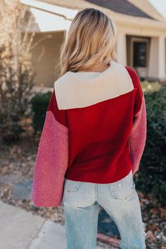 - This trendy sweater is perfect for your unique sense of style! - Unlined panels of cream, red, and orchid colored knit material - An oversized fold-over collar that goes into a zippered bodice - Long, loose sleeves - A relaxed silhouette that ends in a straight hemline Measurements S : Bust 42", Hip 36", Length 20.5", Sleeve Length 23.5", Waist 40". M : Bust 44", Hip 38", Length 20.5", Sleeve Length 24", Waist 42". L : Bust 48", Hip 42", Length 21.5", Sleeve Length 25.5", Waist 46". Colorful Patio, Trendy Sweaters, Color Block Sweater, Knitting Materials, Women Clothing Boutique, Leg Jeans, Distressed Jeans, High Waist Jeans, Online Womens Clothing