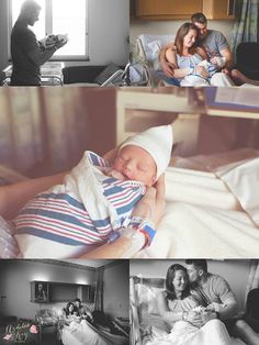 black and white photos of people in bed, baby laying on the floor with his parents