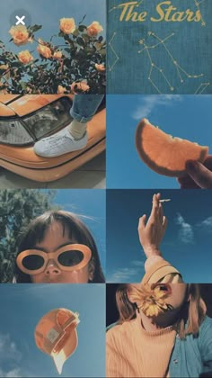 a collage of photos with oranges, flowers and shoes in the sky above them