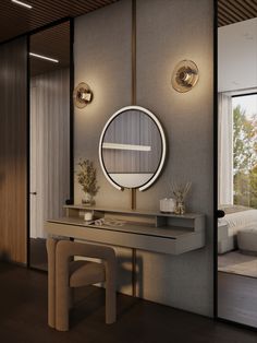 a dressing table with a mirror and stools in a modern style bedroom area that also has sliding glass doors to the outside