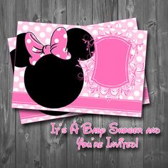 a minnie mouse baby shower and you're in it card with pink polka dots