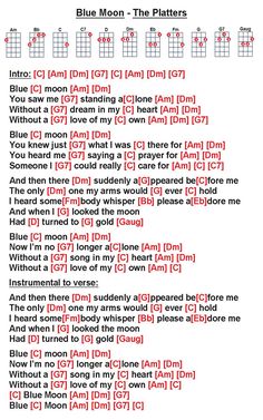 the guitar chords for blue moon - the platters, with red and white letters