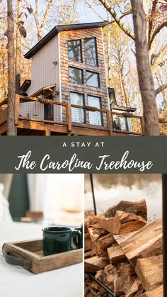 a small cabin in the woods surrounded by trees and logs with text overlay that says stay at the carolina treehouse