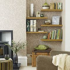 a living room filled with furniture and bookshelves next to a wall mounted fireplace