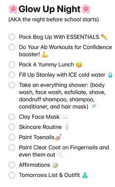 Do this the night before school! Trust me!💗🌸💅🏼- #glowup #glowing #grwm #skincare #obsessed #aesthetic #needs #musthaves #nails #essentials What To Do The Night Before Picture Day, What To Do On The Night Before School, Back To School Glow Up Night Before, Glow Up Needs, Last Minute Glow Up, Glow Up Tips For The Night Before School, Shopping For Glow Up, Glow Up Ideas For School, Day Before School Glow Up