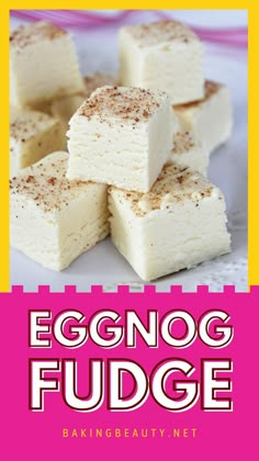 eggnog fudge on a white plate with pink and yellow background