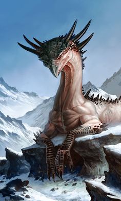 a large dragon sitting on top of a snow covered mountain