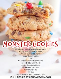 a stack of cookies with m & m on top and the words monster cookies above it