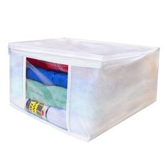 an open plastic storage bag filled with clothes