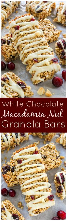 white chocolate macadamea nut granola bars with cranberries on top