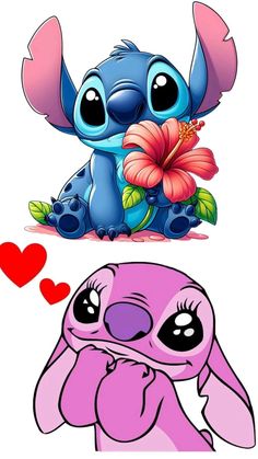 two cartoon characters with hearts and flowers in their hands