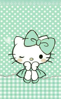 a hello kitty wallpaper with polka dots and a bow on it's head