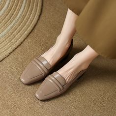 Beige Almond Toe Flats For Office, Beige Flat Heel Oxfords For Office, Beige Slip-on Pointed Toe Flats For Work, Beige Almond Toe Flats For Business, Beige Formal Loafers With Low Heel, Beige Low Heel Loafers For Formal Occasions, Slip-on Almond Toe Oxfords For Office, Slip-on Almond Toe Court Shoes For Office, Office Slip-on Loafers With Low Heel