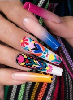 Hand Drawn Nail Art Design, Mexican Fiesta Nails, Mexican Themed Nails Acrylic, Nails Mexican, Easter Nail Art Ideas, Spring Nails 2023 Gel, Nails 2023 Gel, Mexican Nails, Spring Nails 2023