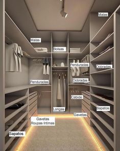 a walk in closet with lots of shelves and drawers