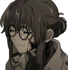 an anime character with glasses and a hairdo is looking at something in the distance