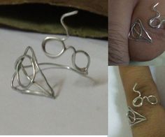 three different pictures of rings and jewelry on the left, one with an earring made out of silver wire