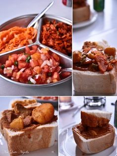 there are four pictures of different food items in the same photo, including bread and vegetables