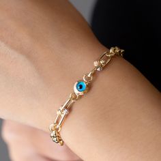 14K Yellow Gold Evil Eye Bracelet, Real Classic Glass Evil Eye, 14K Solid Gold Protection Bracelet, 14k Gold Protection Charm Bracelet *Free Express International Shipping NEXT BUSINESS DAY SHIPPING! PRODUCT DETAILS *The product is made of 100% 14k Solid Gold and it has a 14K or 585 stamp on item. (We don't sell filled or plated jewelry) *The package includes a gold certificate.  *Every package comes in a gift box. *14K gold indicates that the product is produced from 58% pure gold. *The product is yellow gold. *Charm Dimensions(Evil Eye): 7.00 mm ball shape *Evil eye provides an invisible protection for user in some beliefs.  *The chain on the bracelet is a snake model and has 2.50 mm width. *       Made in Türkiye. BRACELET SIZE CHART *XS- 6 inches (15.50cm) *S -   6.50 inches (16.50cm) Gold Evil Eye Bracelet, Bracelet Size Chart, Gold Armband, Snake Necklace, Protection Bracelet, Gold Snake, Eye Bracelet, Exclusive Gift, Evil Eye Charm