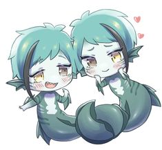 two cute little mermaids with blue hair and green eyes, one is hugging the other