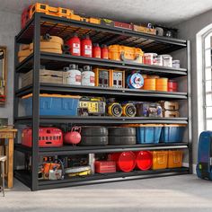 the shelves are filled with different types of containers and other things to use for storage