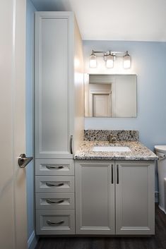 a bathroom with blue walls and white cabinets