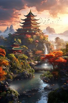 Japanese Fantasy Art Landscape, Asian Fantasy Art, Fantasy Japan, Island Artwork, Zhangjiajie, Dungeon Master's Guide, Japan Painting, Dreamy Artwork, View Wallpaper