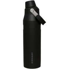 a black water bottle with a stainless steel lid