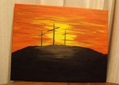 a painting of three crosses on top of a hill with the sun setting in the background