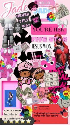 a collage of different images and words on a pink background with the words you're