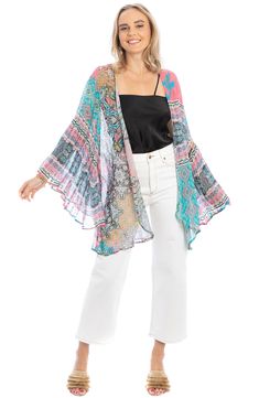 Top off your look with this bell-sleeve ruana crafted from lightweight georgette. 33" length 100% viscose Hand wash, line dry Imported Multicolor Bohemian Shawl For Spring, Bohemian Multicolor Shawl For Spring, Multicolor Flowy Wrap Cover-up, Multicolor Shawl Outerwear For Spring, Casual Beach Shawl For Spring, Bohemian Beach Cape For Spring, Spring Layering Cape, Beach Outerwear With Kimono Sleeves In Multicolor, One Size Bohemian Cape For Spring