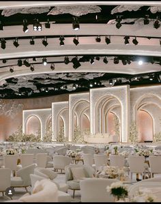 a banquet hall set up for a formal function